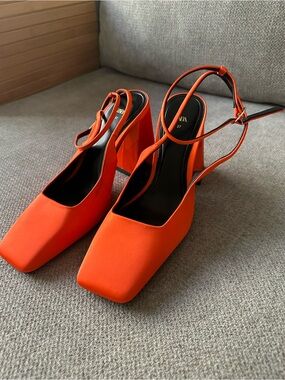 Bright Orange Square-Toe Slingback Block Heels